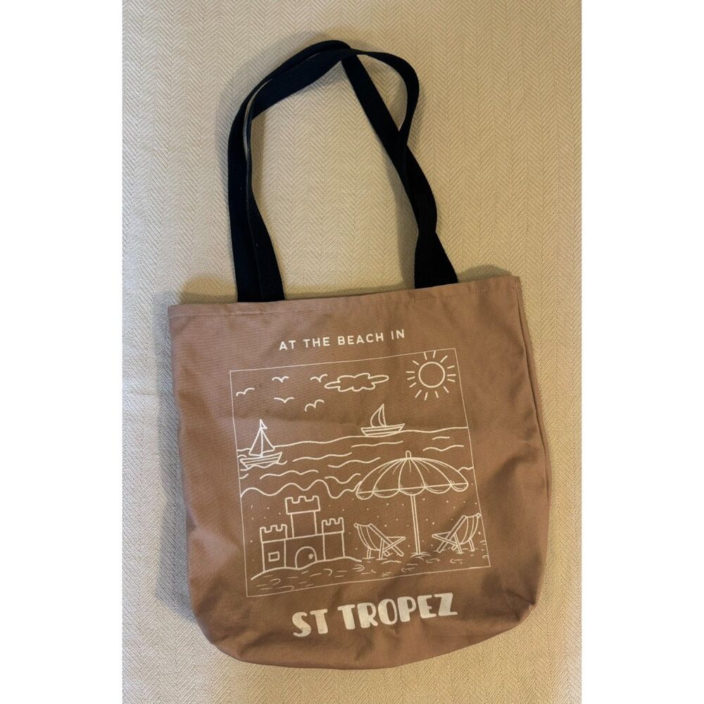 St Tropez Beach Tote Bag Tan Black Canvas Reusable Shopper Coastal Vacation